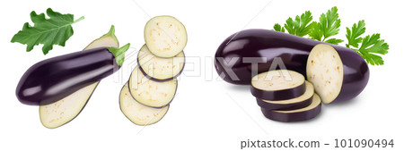 Eggplant or aubergine with slices isolated on white background. Top view, flat lay 101090494