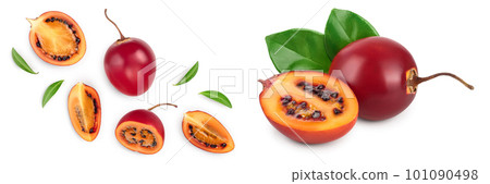 Fresh tamarillo fruit with leaves isolated on white background. Top view. Flat lay Fresh tamarillo fruit with leaves isolated on white background. Top view. Flat lay 101090498