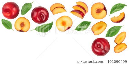 fresh red plum and half with leaves isolated on white background with copy space for your text. Top view. Flat lay fresh red plum and half with leaves isolated on white background with copy space for your text. Top view. Flat lay 101090499