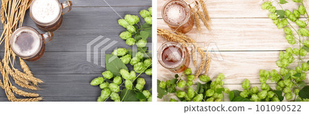 glass of foamy beer with hop cones and wheat on black wooden background. Top view with copy space for your text glass of foamy beer with hop cones and wheat on black wooden background. Top view with copy space for your text 101090522