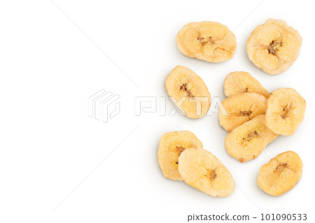 Dried banana chips isolated on white background with full depth of field. Top view. Flat lay 101090533