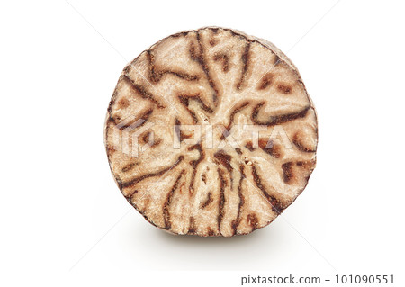 nutmeg half isolated on white background with full depth of field. Top view. Flat lay nutmeg half isolated on white background with full depth of field. Top view. Flat lay 101090551