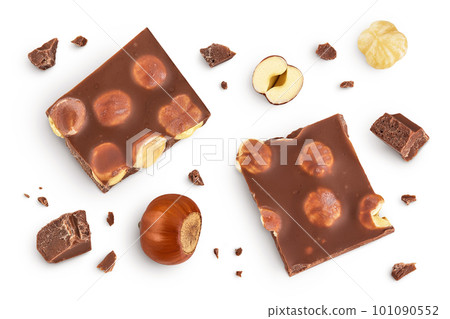 Chocolate with hazelnuts isolated on white background with full depth of field. Top view. Flat lay Chocolate with hazelnuts isolated on white background with full depth of field. Top view. Flat lay 101090552