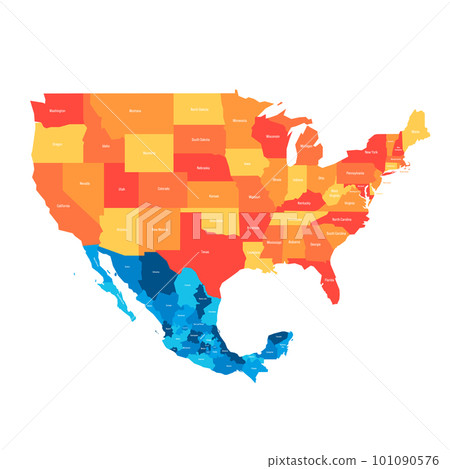 United States and Mexico political map of administrative divisions. Colorful vector map with labels. United States and Mexico political map of administrative divisions. Colorful vector map with labels. 101090576