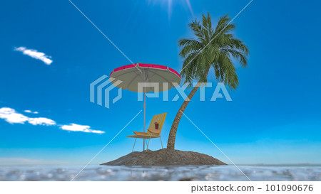 Travel. Recreation concept. Tropical island in the middle of the ocean with palm trees, deck chair and suitcase. 3d rendering 101090676