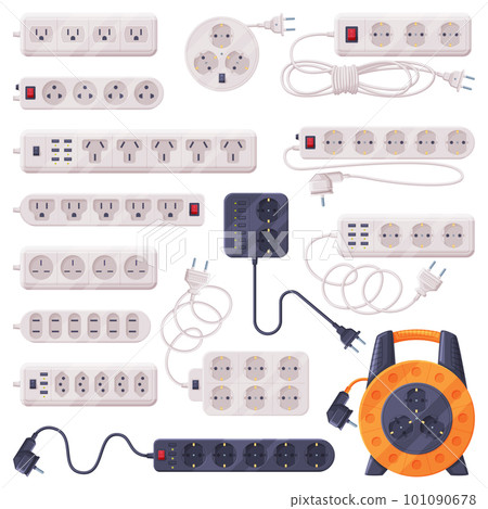 Extension Sockets with Plug and Power Cord as Electric Current Equipment with Different Port Connector Vector Set 101090678