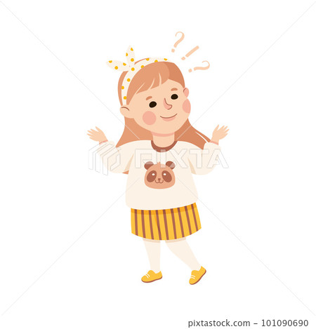 Confused little girl with question marks over head. Adorable doubting little girl dressed casual clothes cartoon vector illustration 101090690