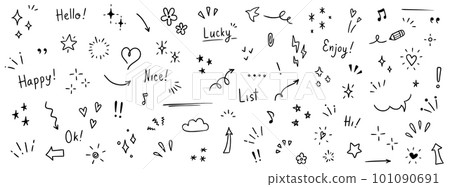 Doodle cute glitter pen line elements. Doodle heart, arrow, star, sparkle decoration symbol set icon. Simple sketch line style emphasis, attention, pattern elements. Vector 101090691