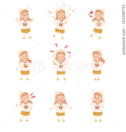 Little adorable girl expressing positive and negative emotions set. Cute girl with various face expression and gesturing cartoon vector illustration 101090755