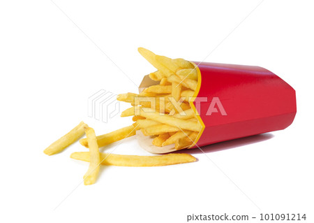 French fries in red carton package box isolated on white background 101091214