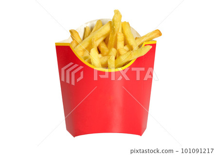 French fries in a red box isolated on a white background. Fastfood French fries in a red box isolated on a white background. Fastfood 101091217