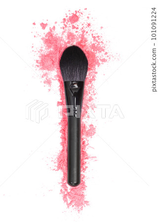Black makeup brush and pink powder on a white isolated background. Close-up. View from above Black makeup brush and pink powder on a white isolated background. Close-up. View from above 101091224
