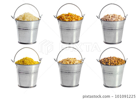 Set of cereals in metal buckets isolated on a white background. Agriculture 101091225
