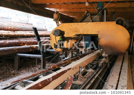 The process of sawing wood on sawmill equipment. Timber industry The process of sawing wood on sawmill equipment. Timber industry 101091345
