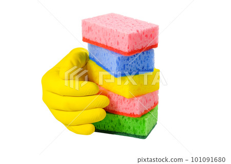 Set of sponges for washing dishes and a rubber glove isolated on a white background Set of sponges for washing dishes and a rubber glove isolated on a white background 101091680