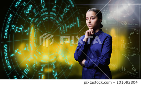 Portrait of dreamy young female on background with horoscope astrological signs Portrait of dreamy young female on background with horoscope astrological signs 101092804