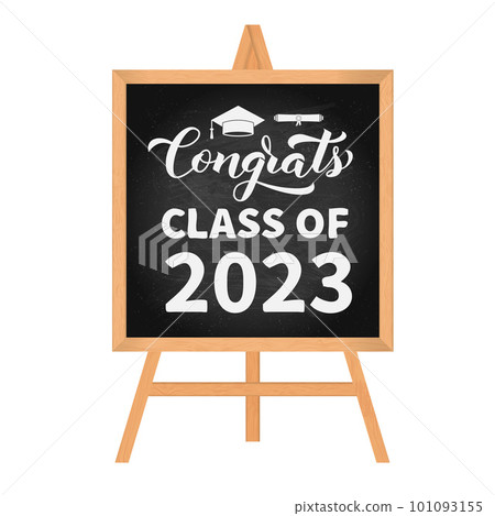 Congrats Class of 2023 hand written on chalk board with wooden frame. Congratulations to graduates typography poster. Vector template for greeting card, banner, sticker, label, etc. Congrats Class of 2023 hand written on chalk board with wooden frame. Congratulations to graduates typography poster. Vector template for greeting card, banner, sticker, label, etc. 101093155