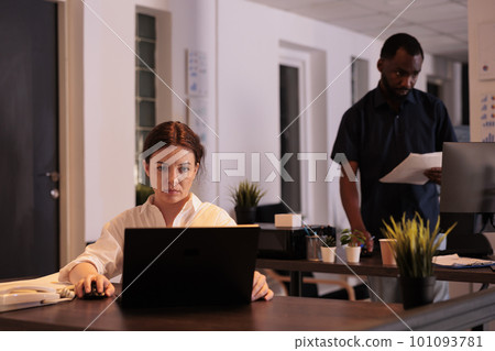 Tired marketing specialist planning strategy, working on laptop, company professional using computer browser. Employee analyzing annual report, worker sitting at workplace desk Tired marketing specialist planning strategy, working on laptop, company professional using computer browser. Employee analyzing annual report, worker sitting at workplace desk 101093781