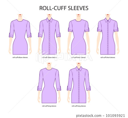 Set of roll-cuff sleeves elbow, short and long length men shirt, button clothes technical fashion illustration fitted 101093921
