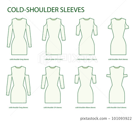 Set of Cold-shoulder sleeves clothes long, 3-4, elbow, short length technical fashion illustration with fitted body Flat 101093922