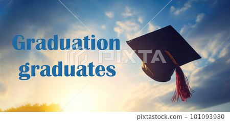 Graduation cap thrown up in the blue sky, phrase Congratulations Graduates. Graduation from an educational institution, school, university, college Graduation cap thrown up in the blue sky, phrase Congratulations Graduates. Graduation from an educational institution, school, university, college 101093980