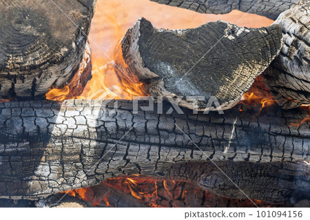 Large bonfire with flames of wood fire is engulfed in log embers burning in middle 101094156