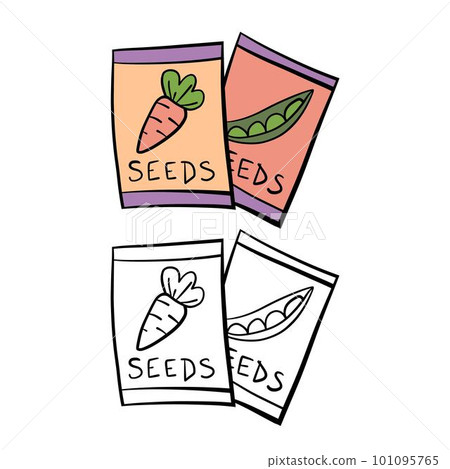 Vector illustration for your design. Colored and black line outline. Garden set. Seed packages. Seeds. 101095765