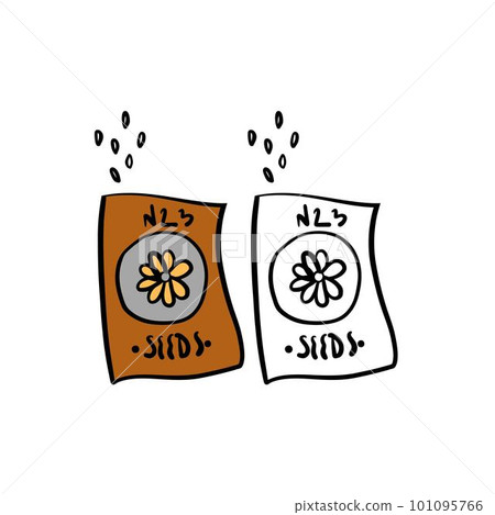 Vector illustration for your design. Colored and black line outline. Garden set. Seed packages. Seeds. Vector illustration for your design. Colored and black line outline. Garden set. Seed packages. Seeds. 101095766