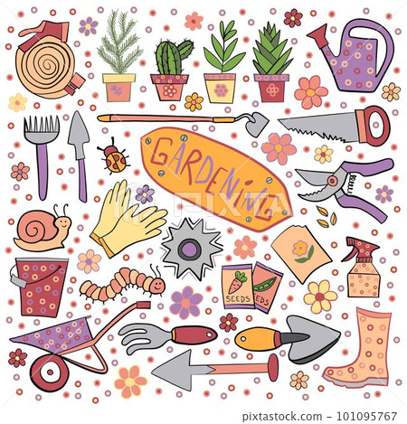 Cartoon gardening pattern. Garden tools icon or pictogram. Garden maintenance logo. Rake, lawnmower, shovel, pruning knife, secateurs, watering can, wheelbarrow and ax. Gardener, garden banner Cartoon gardening pattern. Garden tools icon or pictogram. Garden maintenance logo. Rake, lawnmower, shovel, pruning knife, secateurs, watering can, wheelbarrow and ax. Gardener, garden banner 101095767