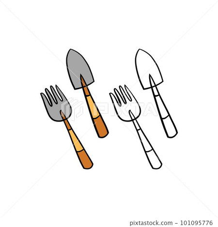 Vector illustration for your design. Colored and black line outline. Garden set. Tools. Fork and shovel 101095776