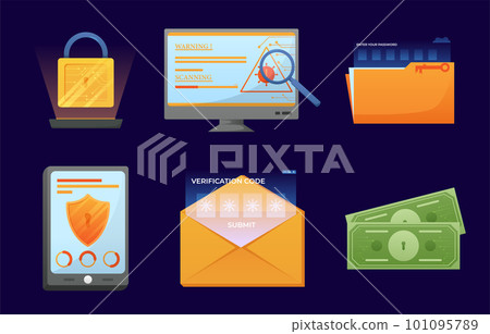 Digital data protection design element vector. Cyber security illustration set. Cloud computing network safety concept. Digital data protection design element vector. Cyber security illustration set. Cloud computing network safety concept. 101095789