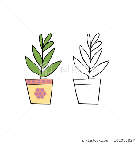 Vector illustration for your design. Colored and black line outline. Garden set. Flower in a pot. Vector illustration for your design. Colored and black line outline. Garden set. Flower in a pot. 101095827