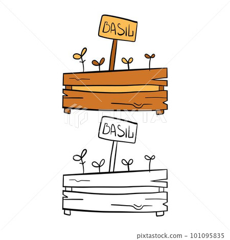 Vector illustration for your design. Colored and black line outline. Garden set. Seedling box. Vector illustration for your design. Colored and black line outline. Garden set. Seedling box. 101095835