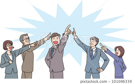 Aiming _ pointing _ office worker _ color _ 5 people aiming for one place _ background light blue 101096339