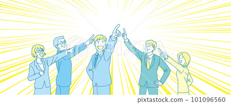 Aiming _ pointing _ office worker _ cyan yellow _ 5 people pointing to the center _ background concentration line 101096560