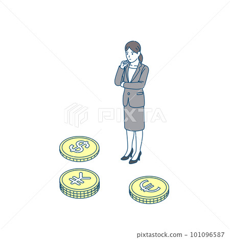 一個穿著西裝的女人在考慮金錢和貨幣等距 101096587