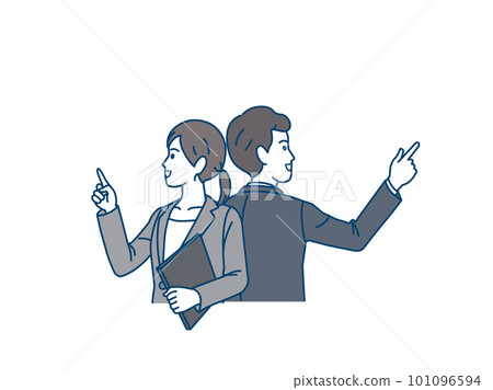 穿著西裝的男人和女人的手指向左和向右的插圖，商務人士 101096594