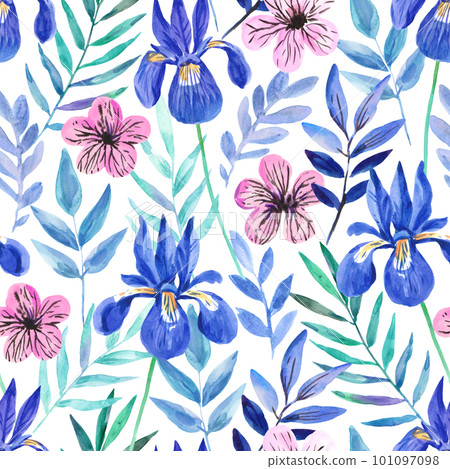 Watercolor seamless pattern with cute pastel pink flowers and blue iris. Freehand expressive painting. Romantic print for invitation and fabric. Watercolor seamless pattern with cute pastel pink flowers and blue iris. Freehand expressive painting. Romantic print for invitation and fabric. 101097098
