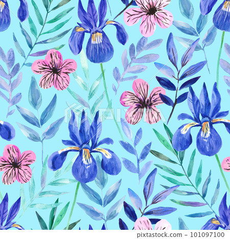 Watercolor seamless pattern with cute pastel pink flowers and blue iris. Freehand expressive painting. Romantic print for invitation and fabric. Watercolor seamless pattern with cute pastel pink flowers and blue iris. Freehand expressive painting. Romantic print for invitation and fabric. 101097100