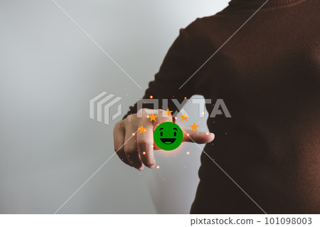 Customer satisfaction concept, client is satisfied with pressing the smiley face icon, excellent service, impressed with care, highest rating and score, good feedback from users. Customer satisfaction concept, client is satisfied with pressing the smiley face icon, excellent service, impressed with care, highest rating and score, good feedback from users. 101098003