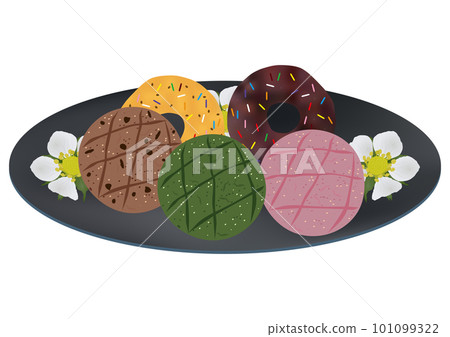 "3 types of cookies" and "2 types of colorful donuts" blue plate floral pattern 101099322