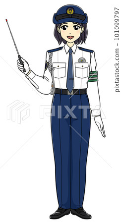 拿著指點桿的白襯衫女警官(全身,微笑) 拿著指點桿的白襯衫女警官(全身,微笑) 101099797