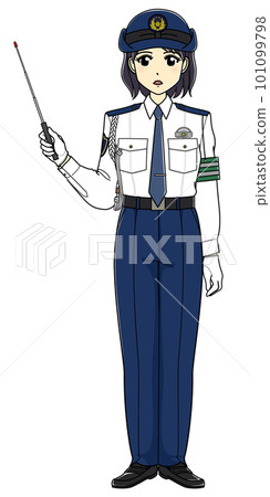 A female police officer in a white shirt with a pointing stick (whole body, serious) 101099798