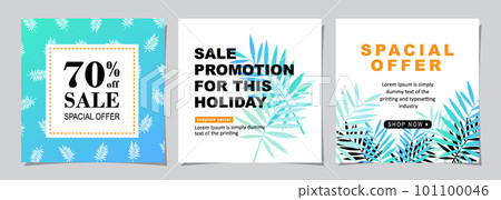 Set for square web banner for social media post design template. summer sale promotion. discount backgrounds with tropical pattern. mobile apps advertising. 101100046