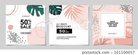Set for square web banner for social media post design template. summer sale promotion. discount backgrounds with tropical pattern. mobile apps advertising. 101100057