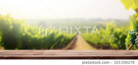 generative AI. Summer Vineyard Vibes: Empty Wooden Table Surrounded by Grapes and Blurred Background generative AI. Summer Vineyard Vibes: Empty Wooden Table Surrounded by Grapes and Blurred Background 101100276