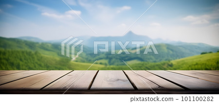 generative AI. Natural Escape: Empty Old Wooden Table in Front of Green Mountain and Blue Sky generative AI. Natural Escape: Empty Old Wooden Table in Front of Green Mountain and Blue Sky 101100282