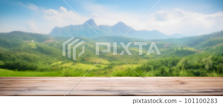 generative AI. Natural Escape: Empty Old Wooden Table in Front of Green Mountain and Blue Sky generative AI. Natural Escape: Empty Old Wooden Table in Front of Green Mountain and Blue Sky 101100283