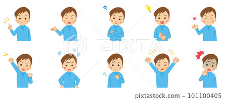 Illustration set of a cute young man doing various poses, emotions, variations, white background Illustration set of a cute young man doing various poses, emotions, variations, white background 101100405