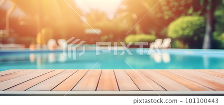generative AI. Summer Serenity: Empty Board Table in Front of a Sparkling Swimming Pool with Blurred Background 101100443